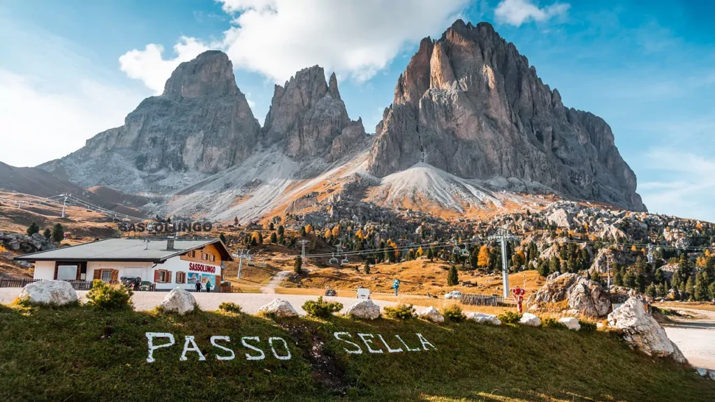 Northern Italy Motorcycle Routes: Dolomites and Alps Passo Sella in the Dolomites showing the Sella massif with views in every direction on the Sella Ronda motorcycle circuit northern italy