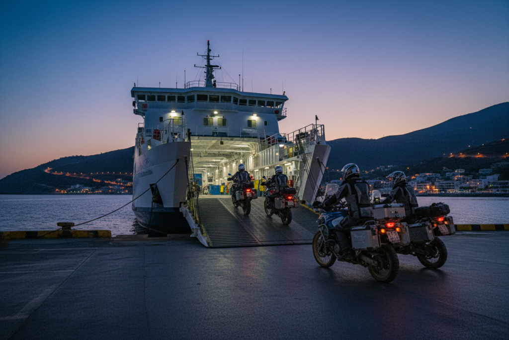 Greece Motorcycle Travel Guide: Routes and Tips Motorcycle loaded on ferry at Patras Greece for overnight crossing to Italy showing western exit route for greece motorcycle travel