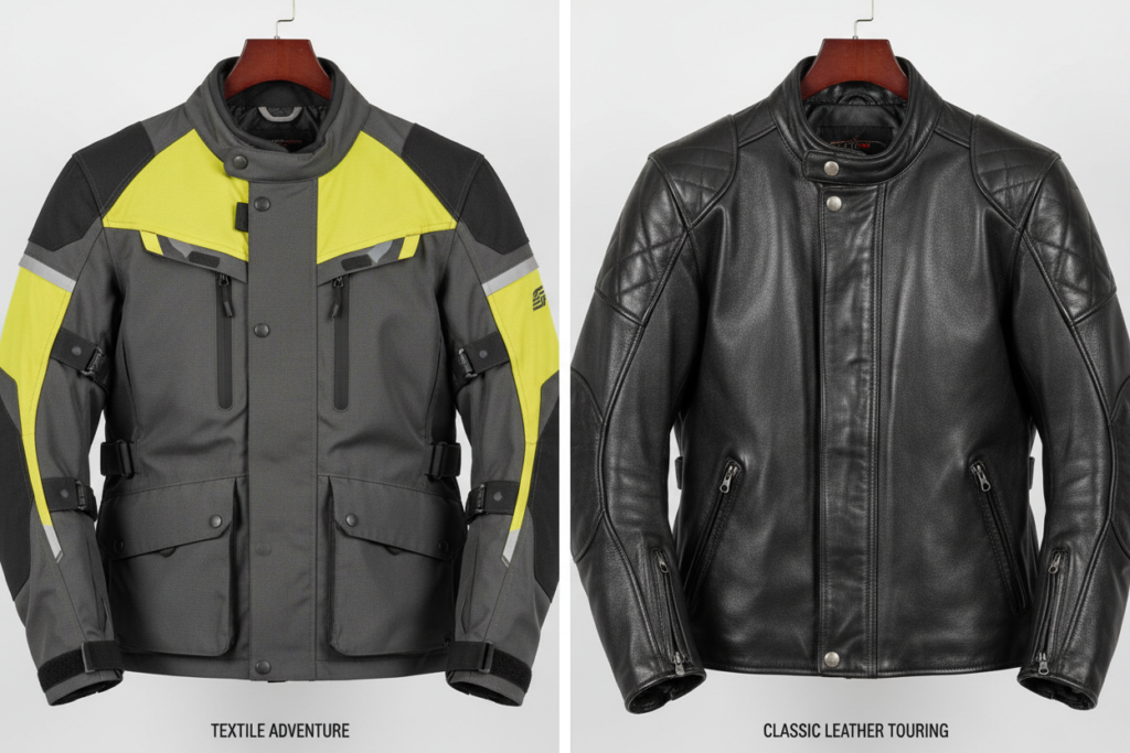 Textile adventure motorcycle jacket alongside leather touring jacket showing material comparison for motorcycle touring jacket choice