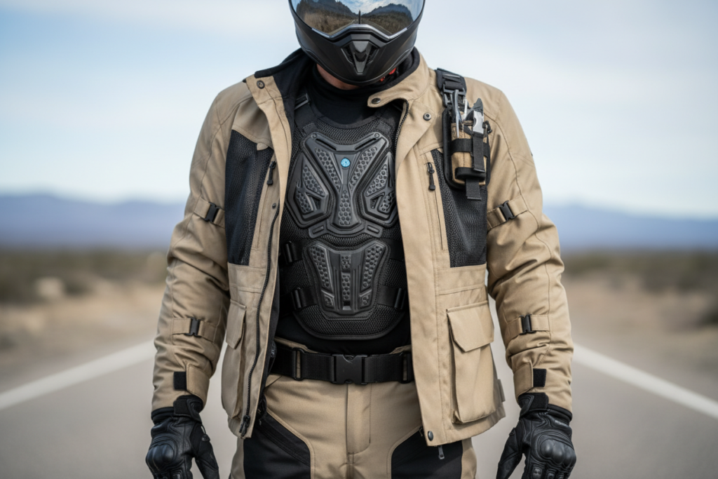Motorcycle Riding Gear: The Complete Guide Armoured vest worn underneath a motorcycle jacket for upgraded protection