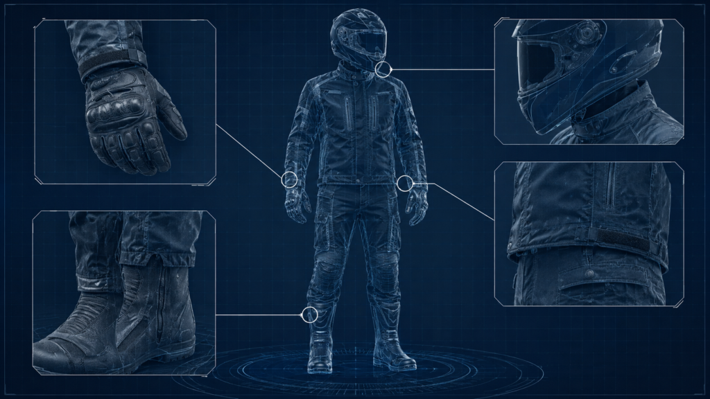 Motorcycle Riding Gear: The Complete Guide Diagram of the four fit points where motorcycle riding gear pieces meet: glove cuff to jacket sleeve, jacket hem to trouser waistband, trouser leg to boot top, and helmet base to jacket collar