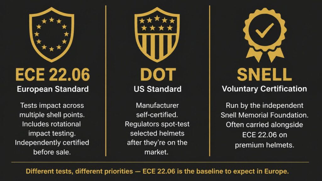 How to Choose the Right Motorcycle Helmet for Touring Comparison infographic of ECE 22.06, DOT, and Snell motorcycle helmet certification standards