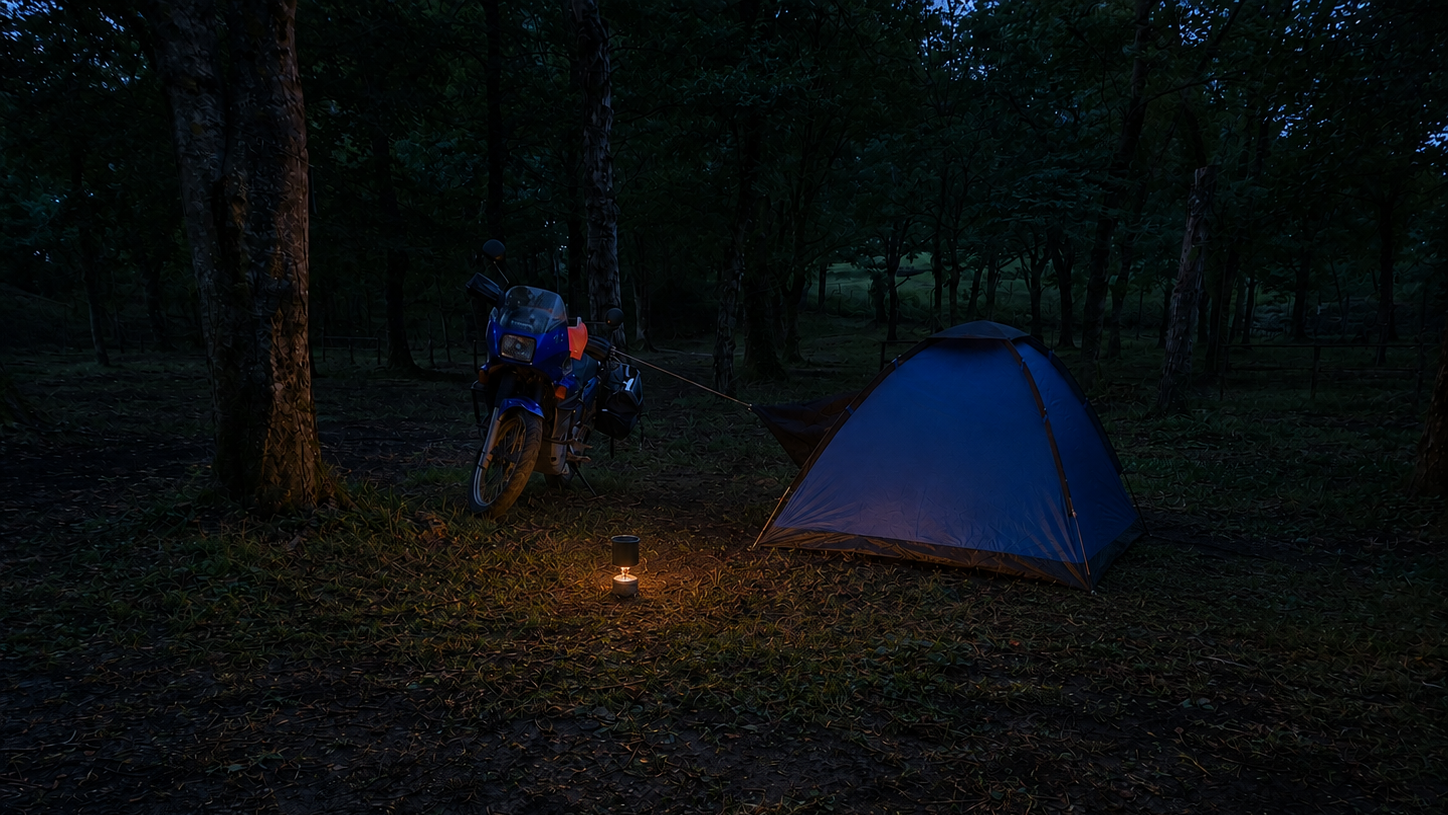 How to Find Cheap Accommodation for Motorcycle Touring Motorcycle parked next to tent at a wild camping spot in Europe