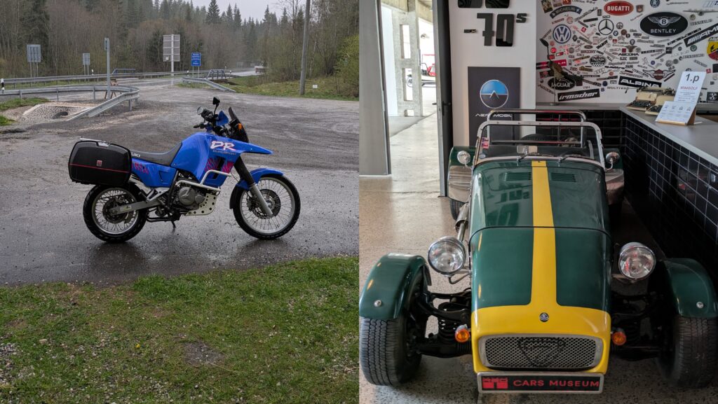 Slovakia Motorcycle Travel Guide: Routes and Top Tips motorcycle in the rain near Brezno, Slovakia, and a vintage car on display at a car museum hotel